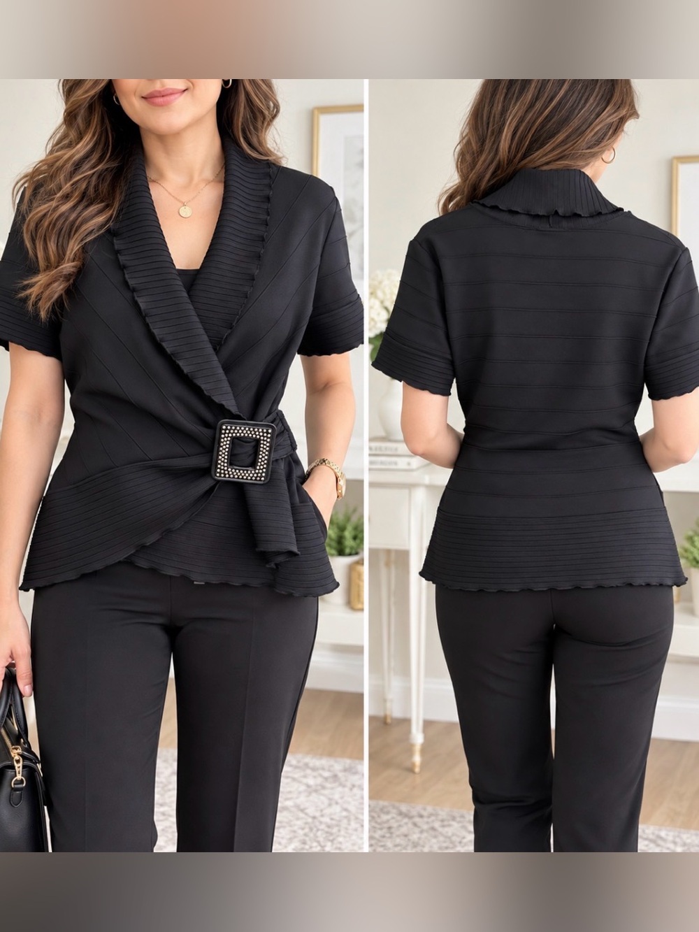 Joseph Ribkoff Black Wrap Top Size 10 Studded Buckle Made in Canada